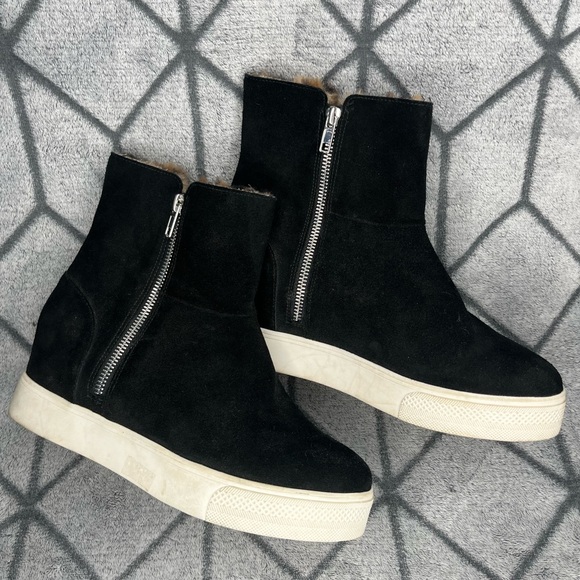 Steve Madden Wanda Black Suede Leather Wedge Cheetah Fur Lined Sneakers - Picture 2 of 9